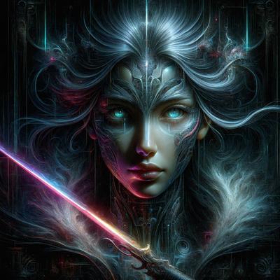 The primary subject of the image is a woman with long hair and blue eyes. She is wearing a futuristic outfit and has a sword in her hand. The setting is a futuristic environment, possibly a digital art or illustration. The visual style is a combination of digital art and illustration, creating a unique and intriguing atmosphere. The colors are predominantly blue and purple, giving the image a futuristic and mysterious mood.